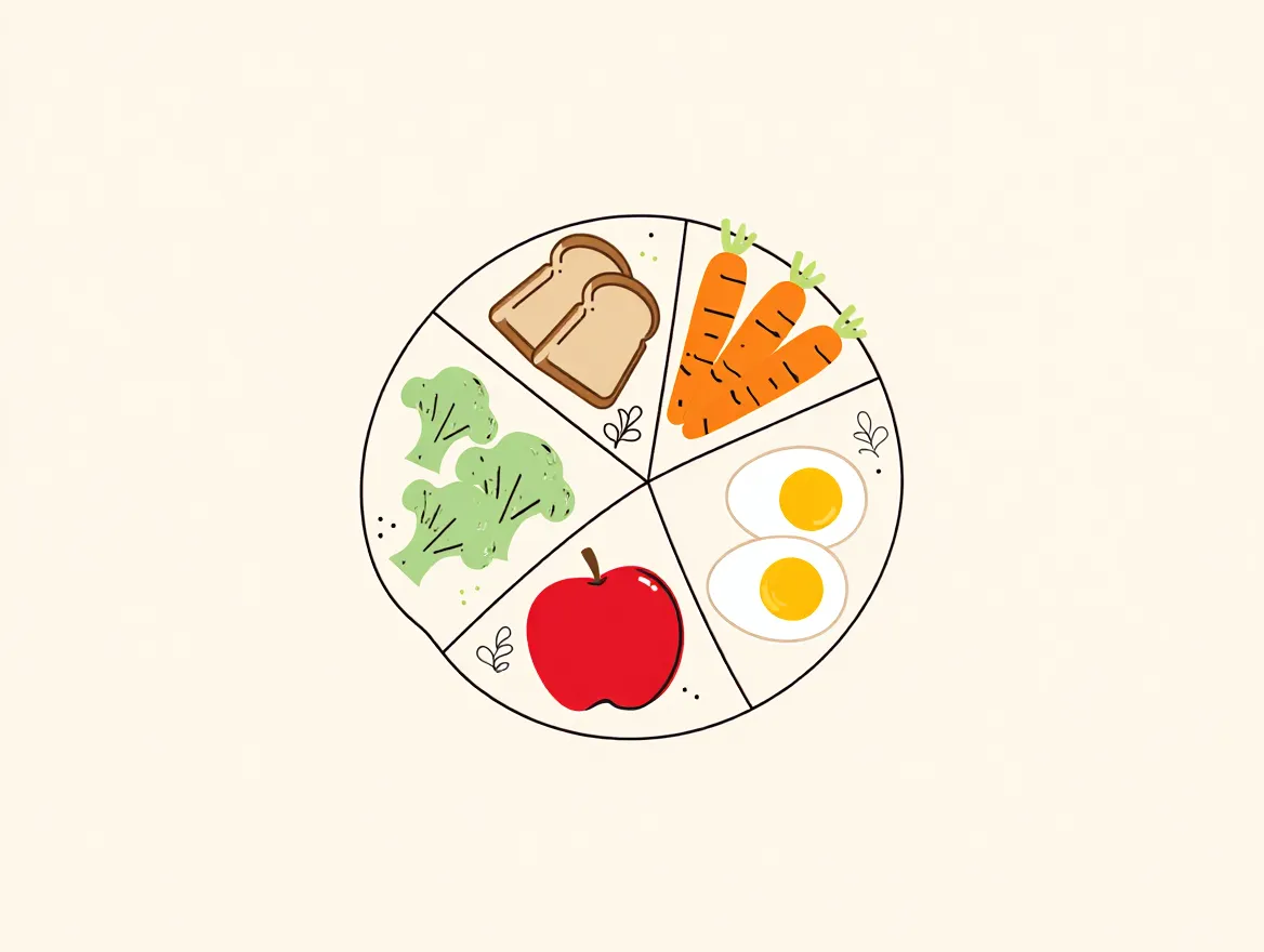 Illustration av en balanserad daglig tallrik med olika livsmedelsgrupper